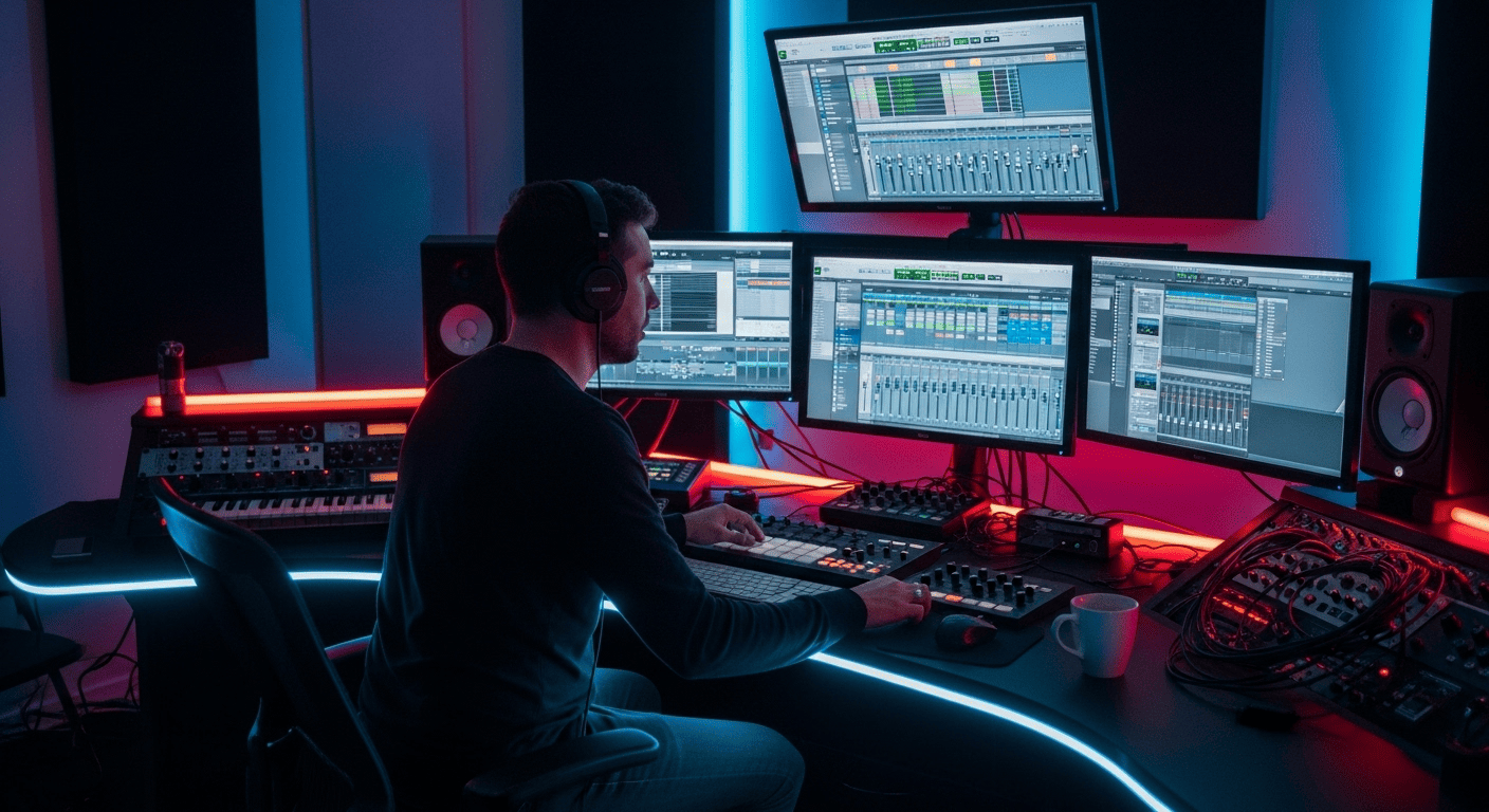Musician working with sound design software